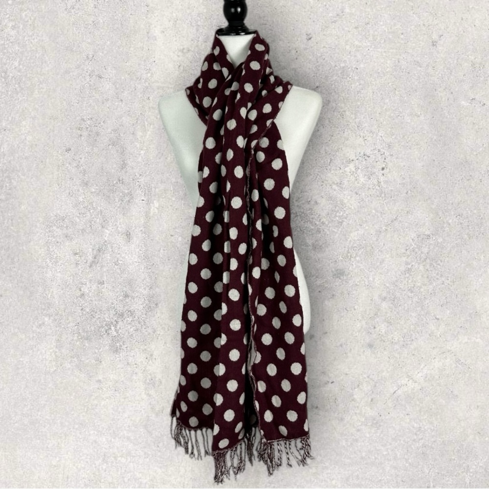 H&M Burgundy White Reversible Wool Blend Polka Dot Scarf Rectangular‎ Bohemian